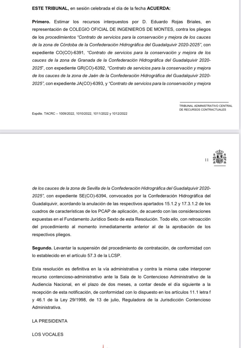IngMontesAndal's tweet photo. Estimado el recurso presentado contra los pliegos de varios procedimientos de contratos de servicios para la conservación y mejora de cauces de la @CHGuadalquivir, donde no se exigían titulados con las atribuciones profesionales de los Ingenieros de Montes. https://t.co/xT4sFEfU63