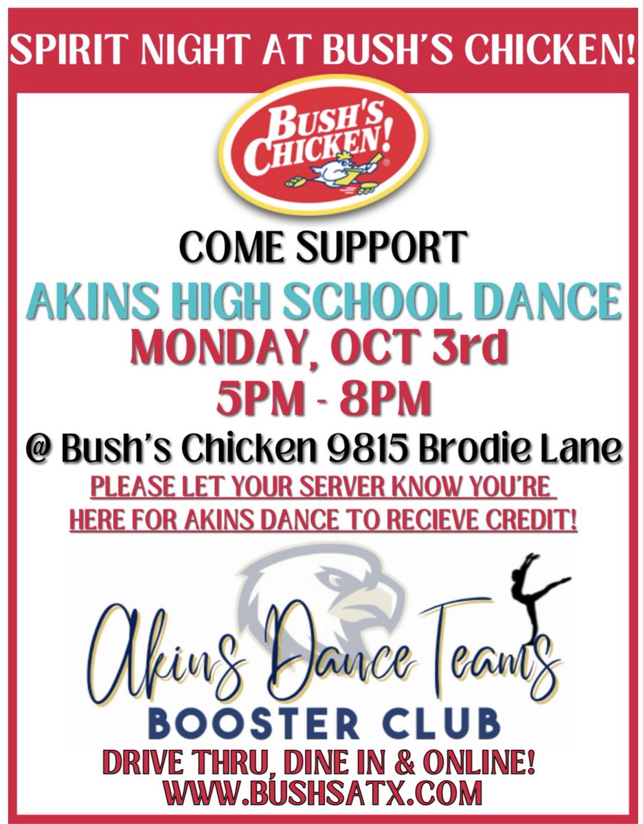 AHSDanceBooster's tweet photo. ⭐️SPIRIT NIGHT⭐️ Join us at Bush’s Chicken tonight and support your Akins Diamonds &amp; Sapphires dance teams! @DiamondDazzlers @AkinsSapphires @AkinsAISD @AkinsHSFineArts @AkinsYearbook https://t.co/7DtOmvTk9z