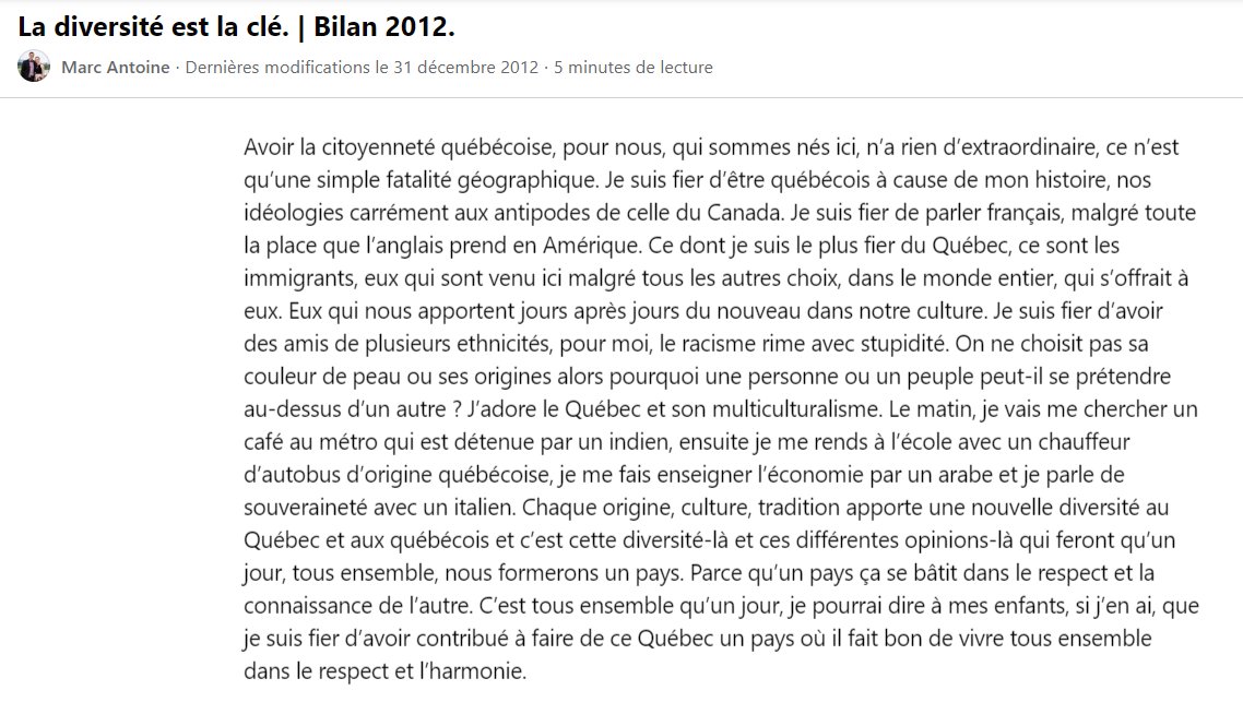 mab91's tweet photo. J'ai relu un texte que j'avais écrit le 31 décembre 2012 et 10 ans plus tard, j'en tire toujours la mm conclusion. La diversité est la clé. Nous ne pouvons pas, en tant que société, tolérer des propos comme le PM a tenu la semaine passée. Allez voter🧡 #polqc @GNadeauDubois #QS https://t.co/dHj17RCwzL