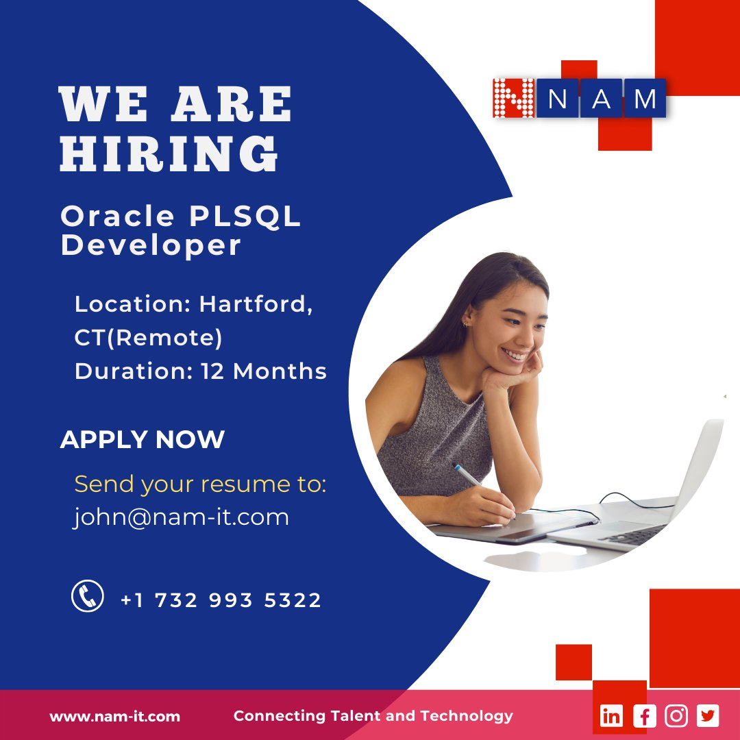 NAMINFO's tweet image. Hiring: #OraclePLSQLDeveloper
Location: Hartford, CT(Remote)
Duration (in months): 12
Job Details:
Must Have Skills:
- SQL, PLSQL, SQL Plus programs
- Shell Scripting
Share ur resume with john@nam-it.com / +1 732 993 5322.
#oracleplsql #sqldeveloper #shellscripting #snowflake
