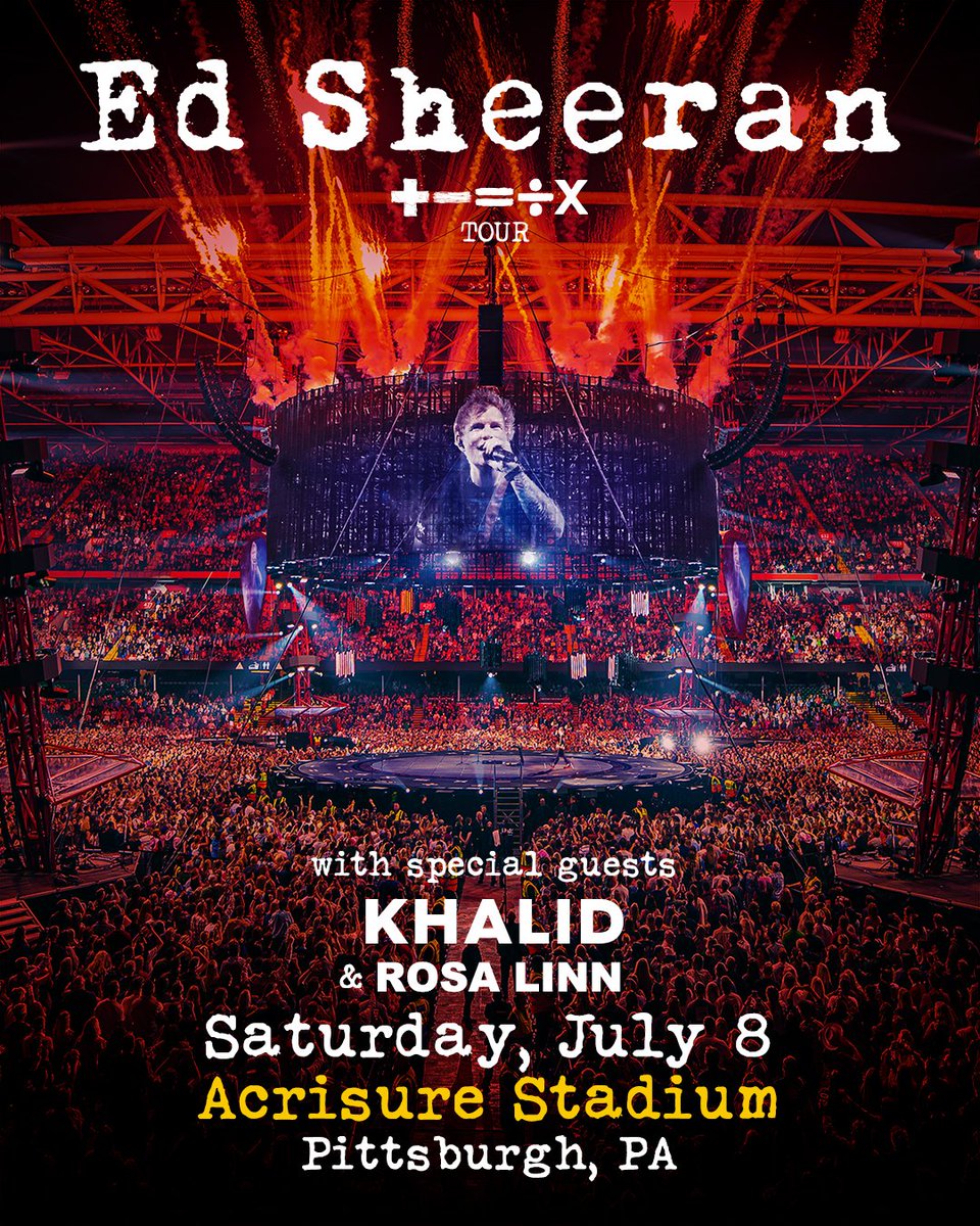 Ed Sheeran is bringing The Mathematics Tour to Acrisure Stadium on Saturday, July 8, 2023, with special guests Khalid & Rosa Linn! SAVE THE DATE: Tickets go on sale to the public next Friday, October 14 at 10 AM ET ➡️ bit.ly/3e2m6lE