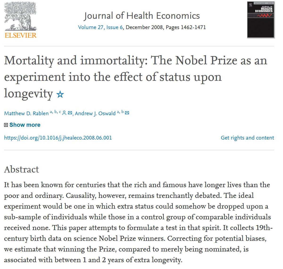 Its Nobel Prize season. You may know that the Nobel is worth a bit over $1M, but did you know it also adds 2 years to your life? It appears to be the status gain, not prize money, that helps.

(It happens in other fields; Oscar winners live 5 years longer)
sciencedirect.com/science/articl…