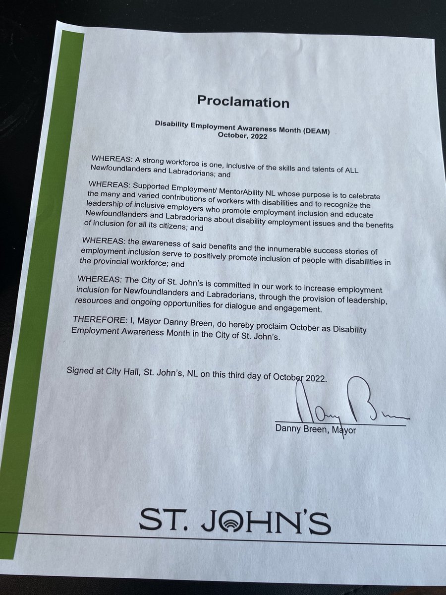 Shelley03261519's tweet photo. October is Disability Employment Awareness Month.  Always proud to count on His Worship Mayor Breen of City of St. John’s for his continued support. ⁦@avalonemploy⁩ ⁦@casecanada⁩ ⁦@MentorAbilityAT⁩ https://t.co/AGIBtoajgL