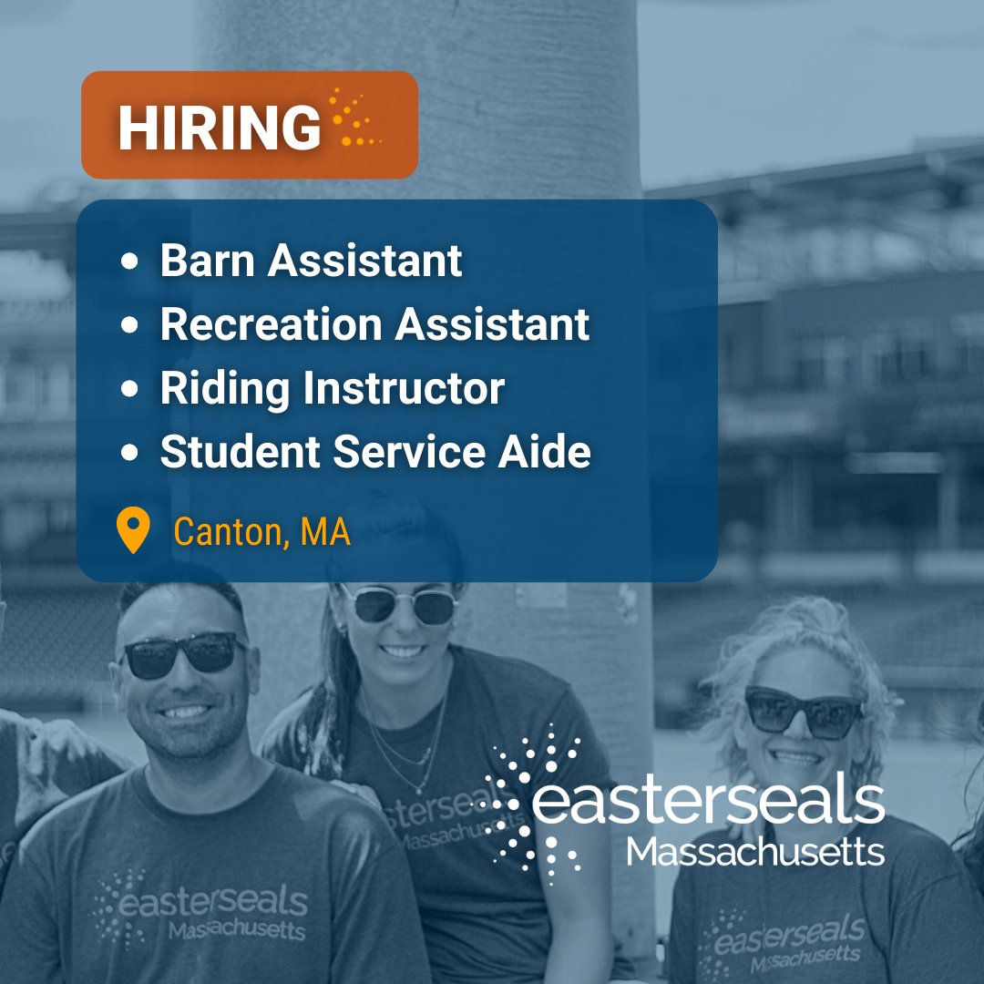 EastersealsMA's tweet photo. Are you in search of a rewarding career? Easterseals is expanding in Canton, MA! Open positions include Barn Assistant, Recreation Assistant, Riding Instructor, and Student Service Aide. 

Apply to join our dynamic, mission-driven team at https://t.co/FGHsThAw1r. https://t.co/TI3deP1Tnr