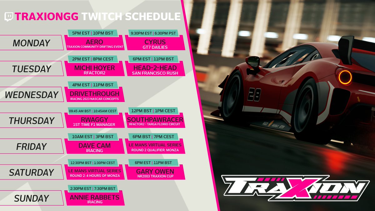 TraxionGG's tweet photo. Look at all this content! We're spoiling you all!
This week's community event is with @Aeroteq hosting a drifting community event.
@iRwaggy is playing F1 Manager 22 for the 1st time and @LeMansVirtual is back this week with Round 2: 4 Hours of Monza!
#KeepItPinned https://t.co/x3oi2YnIoP