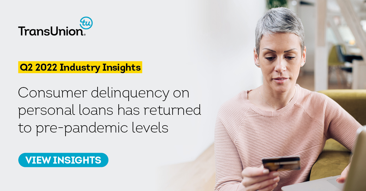 In Q2 2022, consumer #delinquency on personal loans returned to pre-pandemic levels (up 19 bps YoY), putting pressure on #lenders to be more cautious when providing #credit. Learn more: transu.co/6017Mjyox #CreditMarket #CreditTrends #CanadianCreditMarket #LendingTrends