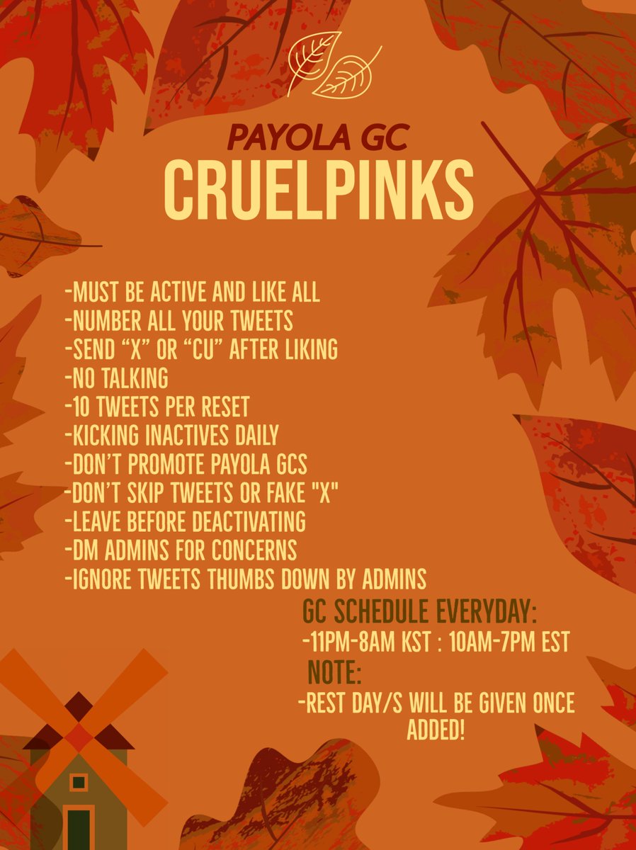 🚨RECRUITING FOR CRUELPINKS ACTIVE PAYOLA PROMO PLUG GC🚨

⁃RT and REPLY 
-TAG 2 MOOTS
⁃MUST follow admins: <a href="/CRUELPINKS/">CRUELPINKS/CLOSED</a> @jisoozion 
⁃Daily kicking ias
-70+ likes guaranteed (we check)
-fandom/fanwar tweets allowed 
-easy cu 
- STRICTLY for actives only!