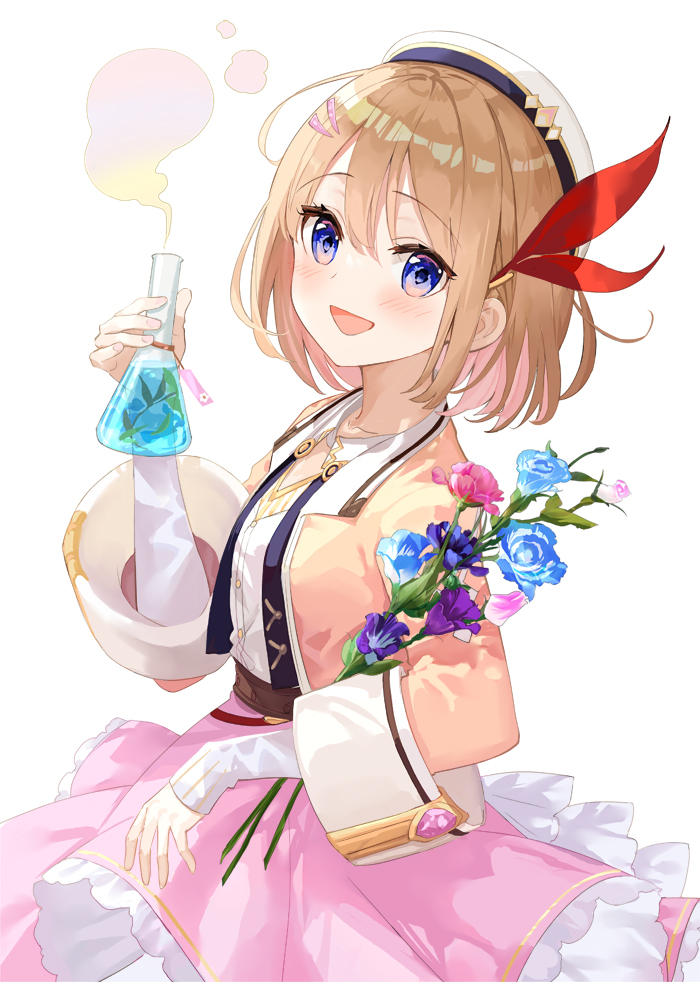 1girl solo hat flower holding white background smile  illustration images