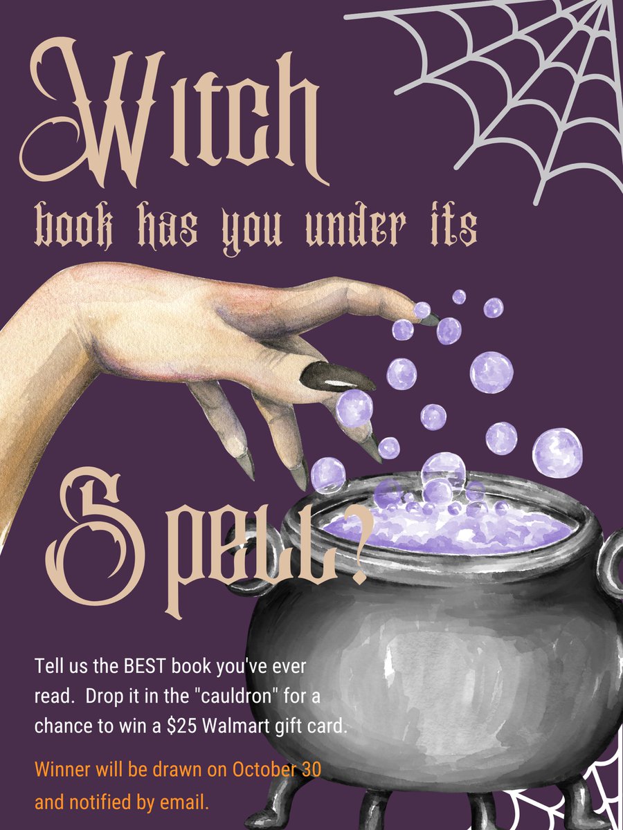 mac_kdp's tweet photo. Visit the Halloween theme book display in the lower level of the library for a chance to win a $25 Walmart gift card!  All you have to do is write down the name of your favorite book and toss it in the “cauldron”.  The winner will be chosen October 30th. https://t.co/A6zjGcPP4n