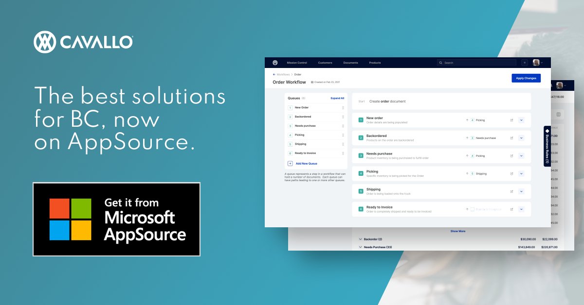 Cavallo has launched new apps on Microsoft AppSource: Order Management Workflow, Order Management Dashboard, and Credit Card Processing. Save time by optimizing your workflows, automating repetitive processes, getting 100% visibility of your business, and more.
#MSDyn365BC