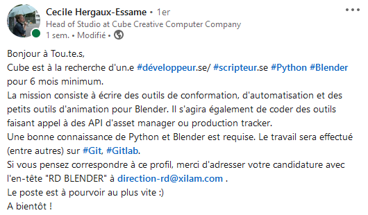 Cube Creative / Xilam est à la recherche d'un profil pour un poste de dev #python #Blender #b3d