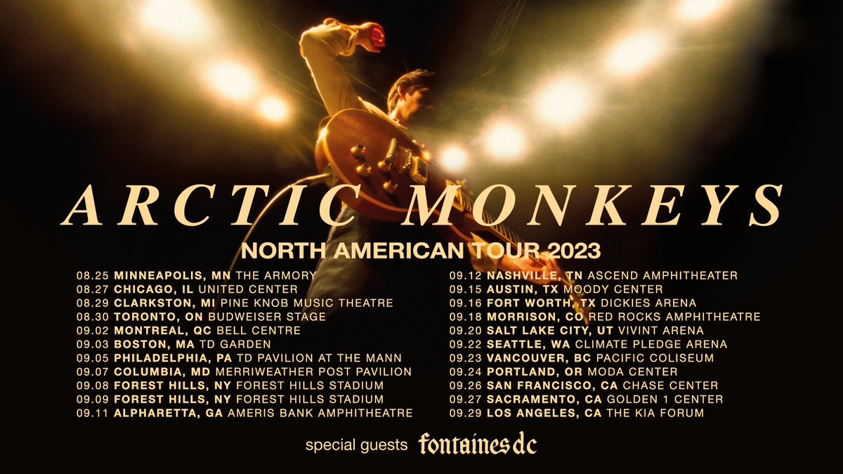 We'll be joining @ArcticMonkeys on their North American Tour 2023. Tickets go on sale this Friday 7th October at 10am local time. For tickets and how to access the pre-sale, visit here: arcticmonkeys.com/north-american…