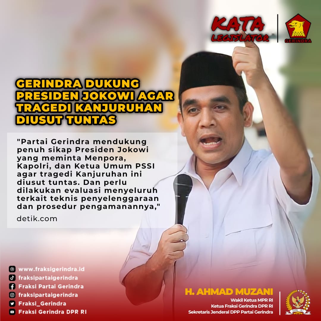 Fraksi_Gerindra's tweet photo. Fraksi Gerindra DPR RI meminta peristiwa tragedi Kanjuruhan, Malang, yang menewaskan 125 orang diusut tuntas. Gerindra menyatakan dukacita mendalam atas korban jiwa tragedi Kanjuruhan. https://t.co/Cf0sT2fkbr
