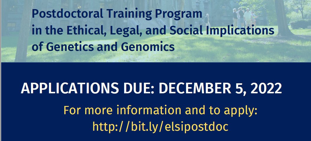 Excited to announce we're now accepting applications for our Postdoctoral Training Program in the Ethical, Legal and Social Implications (ELSI) of Genetics and Genomics! Funded by @genome_gov. Learn more and apply: …dicalethicshealthpolicy.med.upenn.edu/elsipostdoc