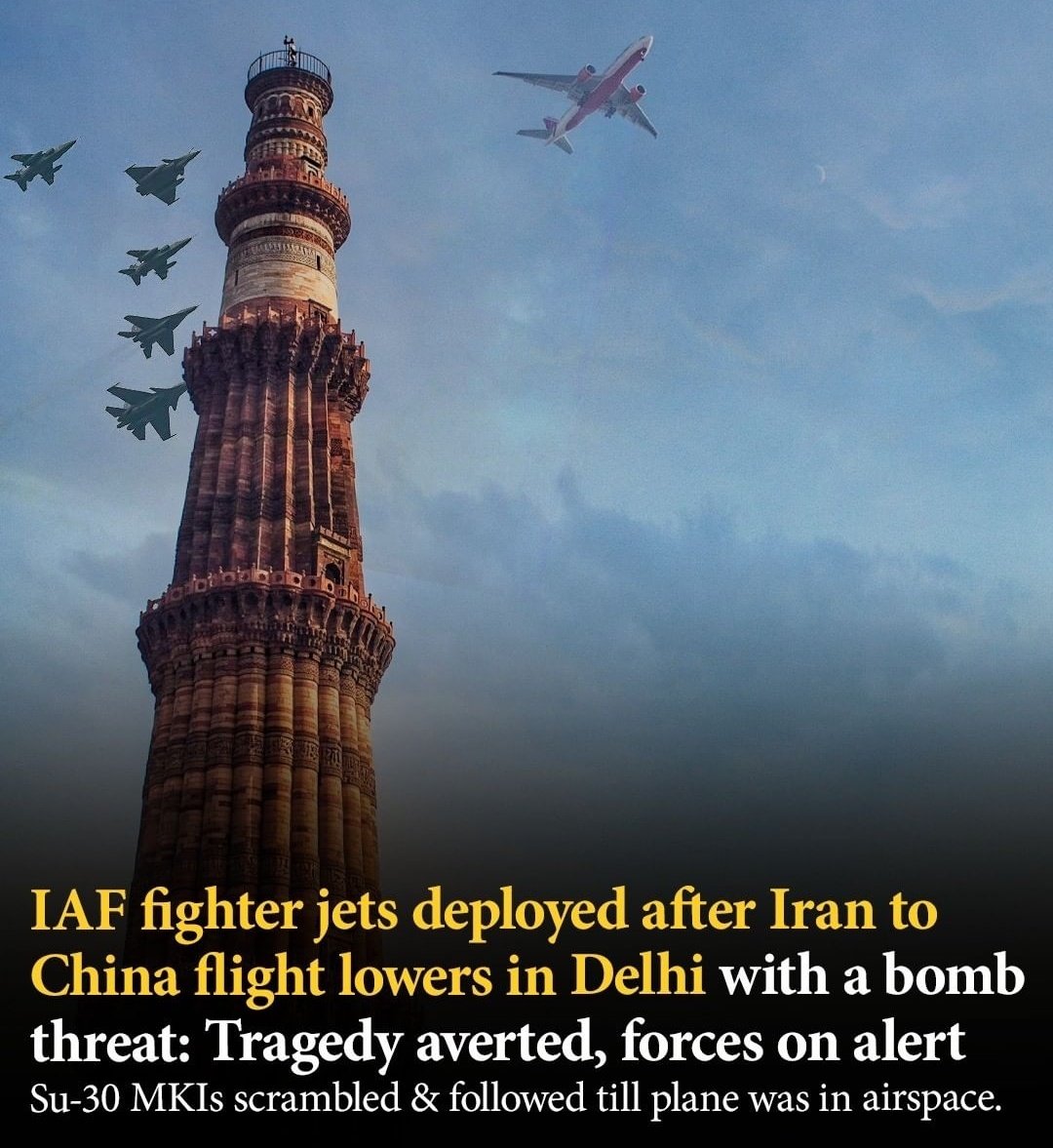 IAF fighter jets deployed after Iran to China flight lowers in Delhi with a bomb threat: Tragedy averted, forces on alert.

Su-30 MKIs scrambled &amp; followed till plane was in airspace.
#India #Airforce #Airspace  #Jet #Bomb #Threat  #China #Iran #Tehran #Delhi  #IAF #Military