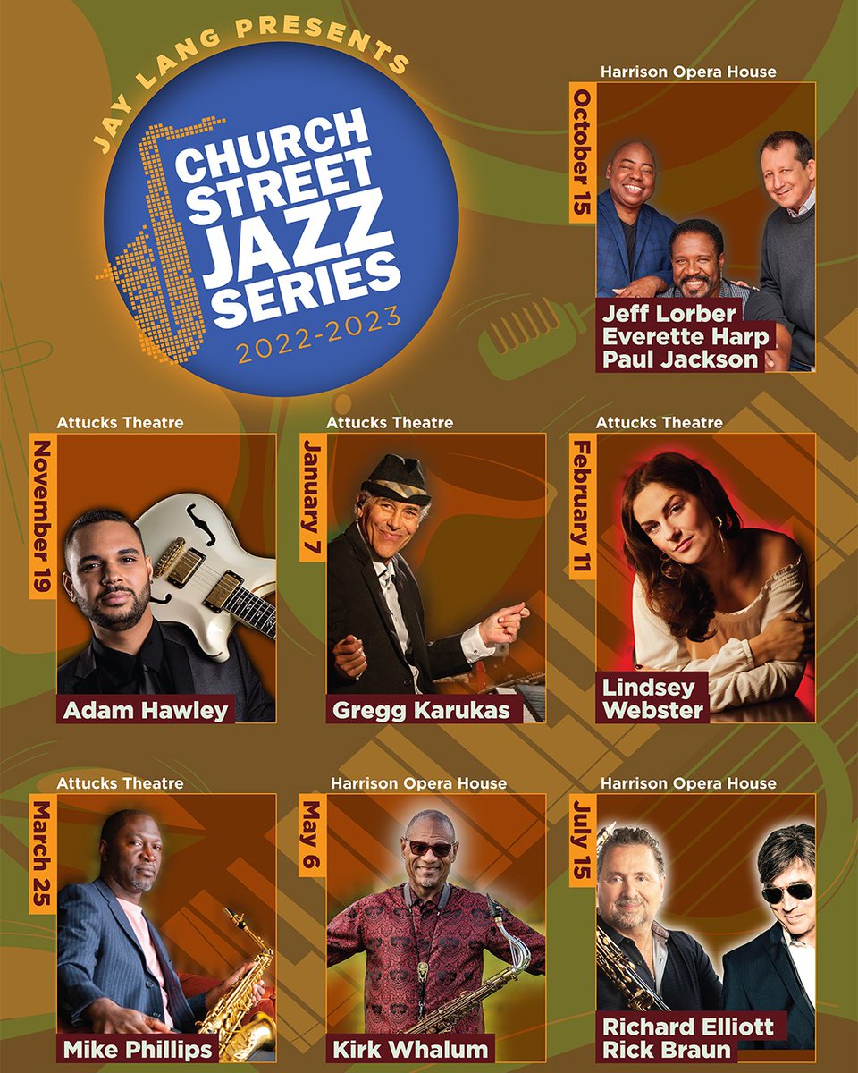 SevenVenues (@sevenvenues) on Twitter photo ON SALE NOW! The Church Street Jazz Series returns to the Attucks Theatre and Harrison Opera House! Artists include Jazz Funk Soul, <a href="/AdamHawleyMusic/">Adam Hawley</a>, <a href="/GreggKarukas/">gregg karukas</a>, <a href="/LWBMusic/">Lindsey Webster</a>, <a href="/M_Dot_Philly/">Mike Phillips</a>, <a href="/KirkWhalum/">Kirk Whalum</a>, <a href="/RichElliotSax/">Richard Elliot</a> and <a href="/RickBraun9/">Rick Braun</a>.
๐๏ธ bit.ly/2Zy7i52 ON SALE NOW! The Church Street Jazz Series returns to the Attucks Theatre and Harrison Opera House! Artists include Jazz Funk Soul, <a href="/AdamHawleyMusic/">Adam Hawley</a>, <a href="/GreggKarukas/">gregg karukas</a>, <a href="/LWBMusic/">Lindsey Webster</a>, <a href="/M_Dot_Philly/">Mike Phillips</a>, <a href="/KirkWhalum/">Kirk Whalum</a>, <a href="/RichElliotSax/">Richard Elliot</a> and <a href="/RickBraun9/">Rick Braun</a>.
๐๏ธ bit.ly/2Zy7i52