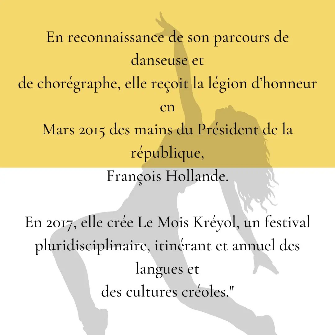 En 1995, elle crée sa compagnie de
danse afro-antillaise et contemporaine : Difé Kako.

En 2017, elle crée Le Mois Kréyol, un festival
pluridisciplinaire, itinérant et annuel des langues et
des cultures créoles."