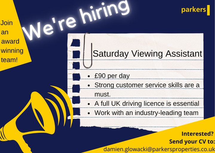parkersreading's tweet photo. We are looking for a Saturday Viewing Assistant to join our award-winning team. 🧳 

If you think that this role would fit you or someone you know - please send us your CV. 

We look forward to meeting you! 😎 

#JobOpportunity #EstateAgent #SaturdayJob #SaturdayJob https://t.co/0z59gaVK1T