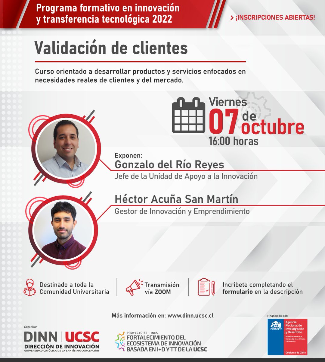 dinn_ucsc's tweet photo. 💡Participa de los últimos cursos "Gestión Tecnológica" y "Validación de Clientes" del Programa formativo en innovación y transferencia tecnológica 2022, dictados por la OTT y la UAINN de la @ucscconcepcion.
Inscripciones en: https://t.co/890tOQeiVf

#InnovaInESUCSC #InnovaUCSC https://t.co/gE7PSoD8d6
