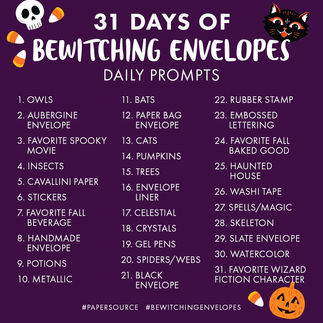 We’re sharing inspiration for our 31 Days of Bewitching Envelopes prompts this month. Be sure to tag #papersource and #bewitchingenvelopes in your posts! #papersource #envelopes #envelopeart #art #halloween #halloweencards #letterwriting #snailmail #happymail #penpal