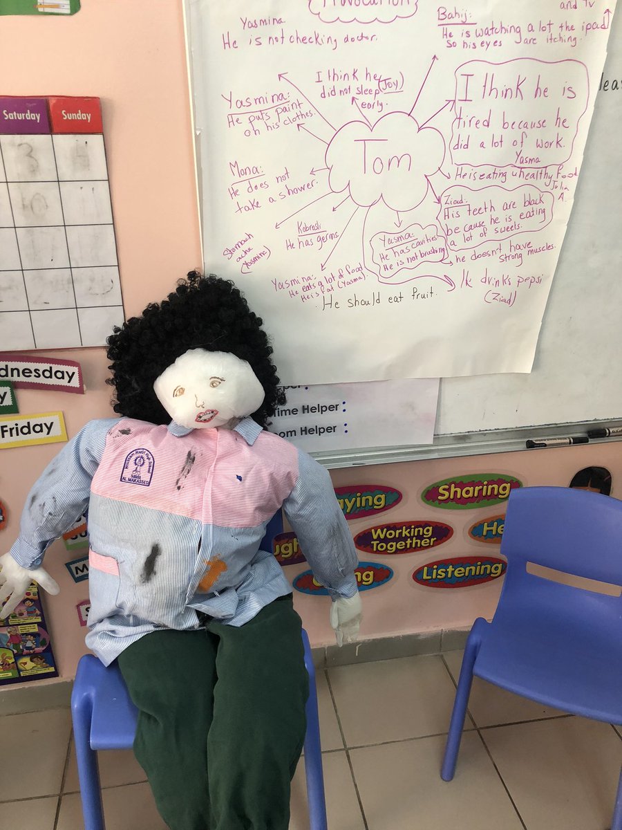 Provoking our #FirstUnit #WhoWeAre KG3C Learners met puppet “Tom”Who looks unhealthy&amp;sick,then shared predictions abt reasons behind puppet’s unhealthy appearance #brainstorming #visiblethinking #makingtlearningvisible <a href="/tbaassiri/">Tharwat Baassiri</a> <a href="/Hhhsinfo/">Houssam Hariri HS</a> <a href="/TawilNoor/">Noor Taweel</a> <a href="/sashgh/">Sasha Ghosn</a>