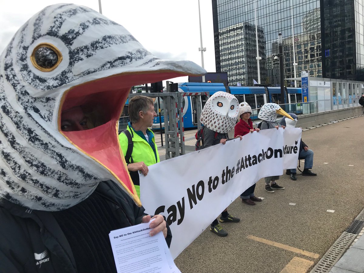 guyshrubsole's tweet photo. ‘Stop the attack on nature!’ 

A cuckoo, a short eared owl and some furious conservationists today protesting outside Conservative Party Conference about the Govt’s #AttackOnNature https://t.co/p5XUkmJMWA