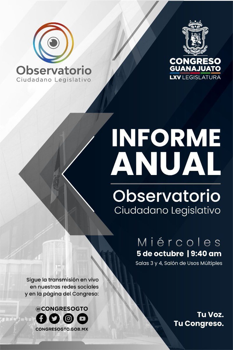 OCLGTO's tweet photo. Hacemos una cordial invitación a toda la ciudadanía, a que siga la transmisión en vivo de nuestro Informe Anual en donde daremos cuenta del desempeño de las y los Diputados del @CongresoGto #OCL #RendicióndeCuentas #3Informe https://t.co/53BE8PU0HR