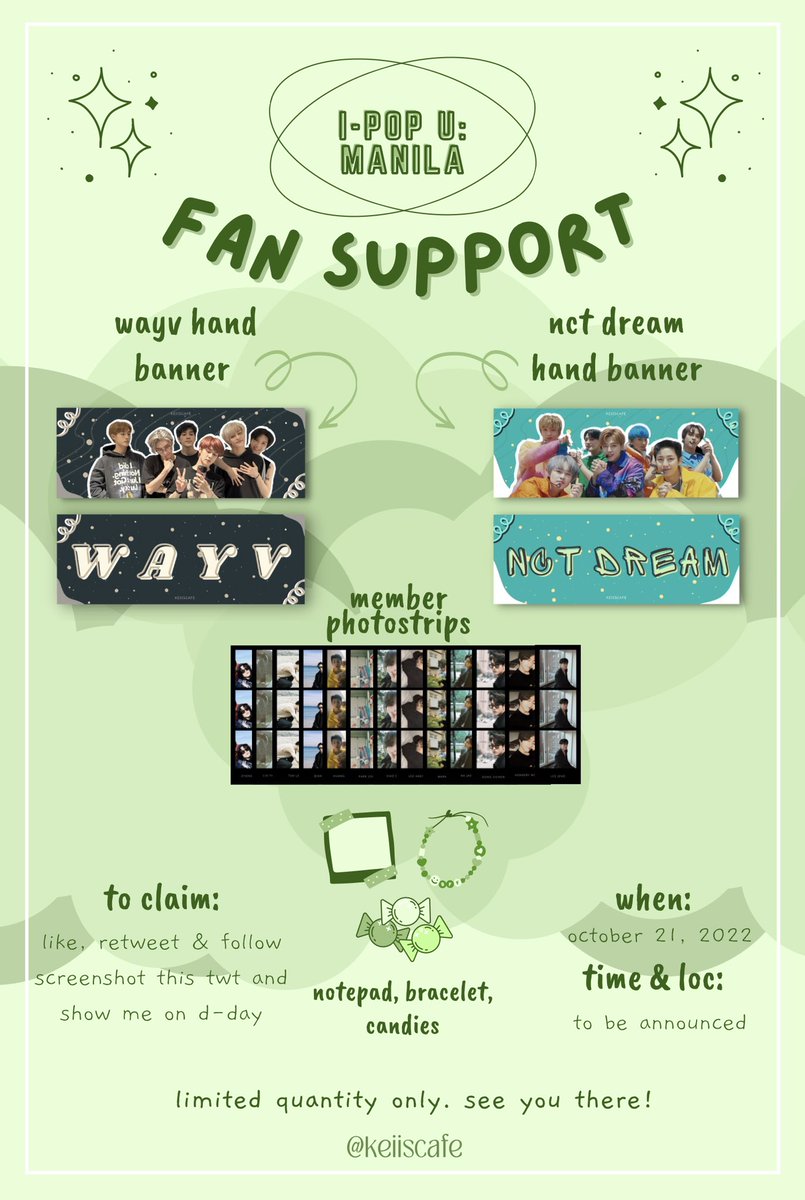 keiiscafe's tweet photo. [ #IPOPU22MNL ]

hi hii! @__pjscart, @jayscarteu, and i will be giving away banners, photostrips, notepads, n bracelets on oct 21! ๑ > ᴗ < ๑ mechanics on pic! limited quantity lang (ノ﹏ヽ) 

will update under this twt on d-day, see u all ! ˶ᵔ ᵕ ᵔ˶ https://t.co/G6FUBaYa0c