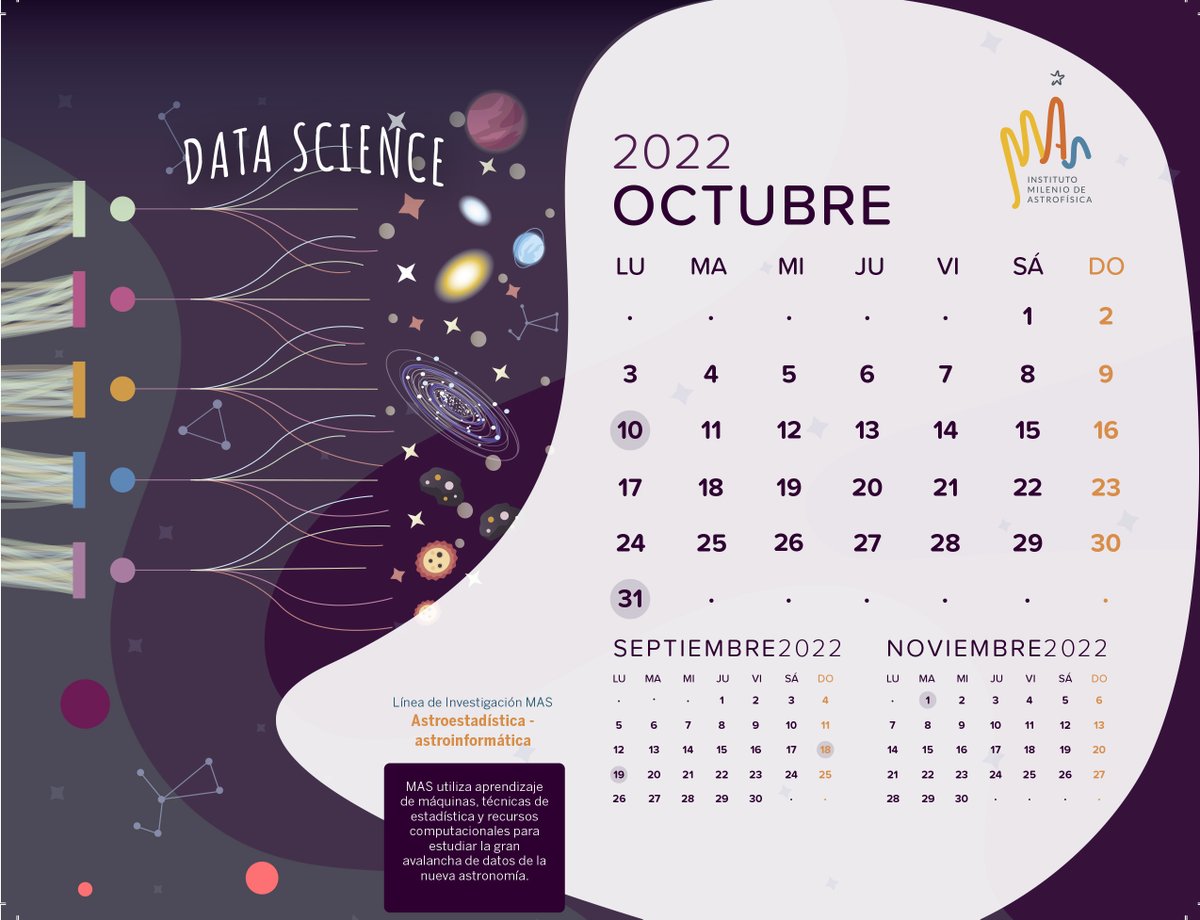 astrofisicaMAS's tweet photo. Primer día hábil de #octubre y nuestro #CalendarioMAS está dedicado a la #CienciaDeDatos ¿Sabías que en @astrofisicaMAS utilizamos #MachineLearning, estadística y recursos computacionales para el análisis de datos astronómicos. Ya puedes empezar a planificar tu mes
@alercebroker https://t.co/58B5v8RkLM