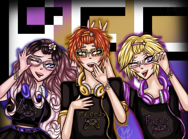 JavaDreamscapes's tweet image. Group pictures with Mystic Messenger Oc and the characters. Multi-shipping/friendhsip art. Misunx Yoosung, Saeran, Seven (Saeyoung.) Her Birthday is March 16th. Mystic #mysticmessenger #originalcharacterart #Fanarts #shipping