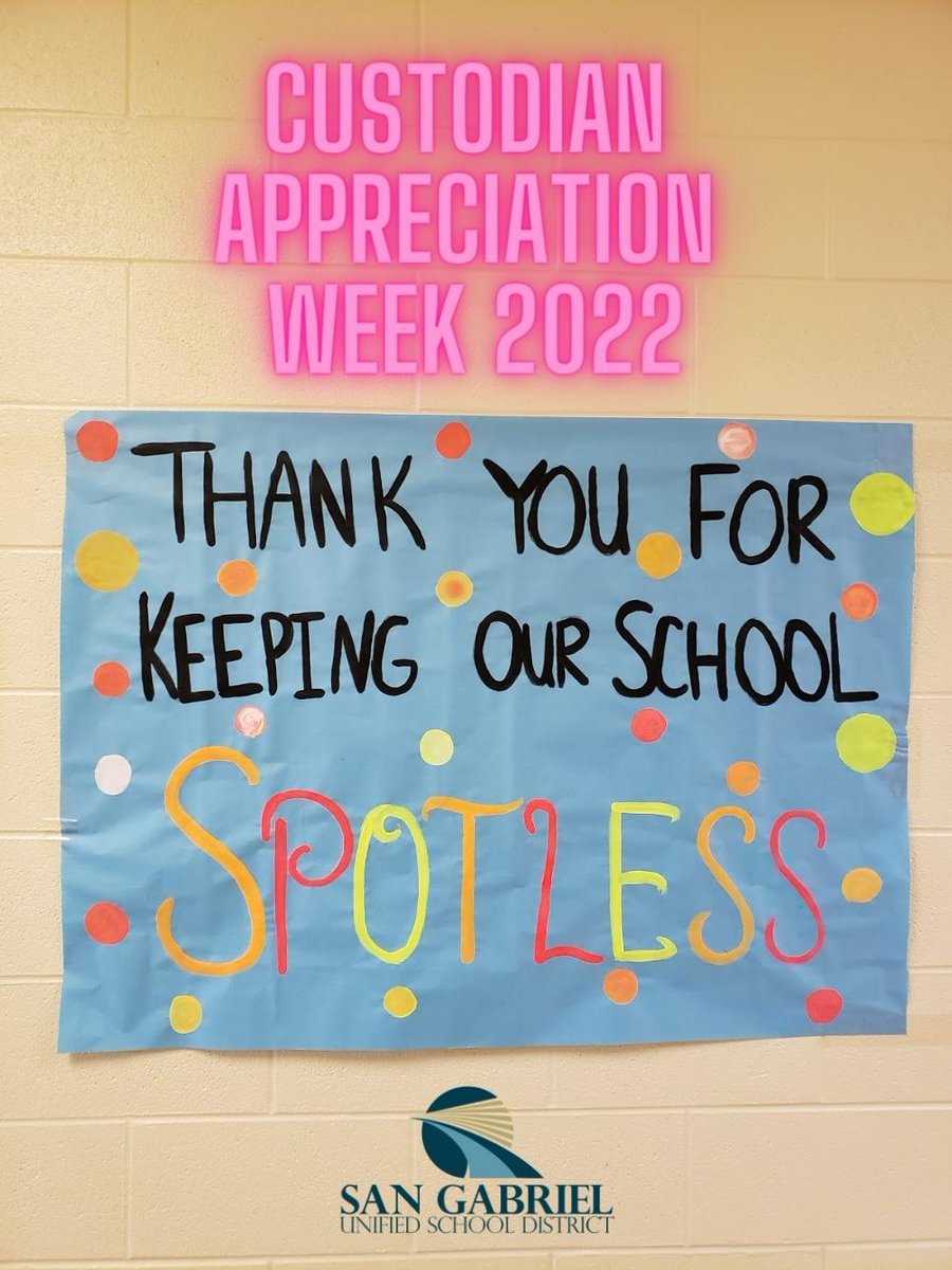SanGabrielUSD's tweet photo. It's #CustodianAppreciation Week.  It takes a dedicated team of people to keep our schools "student-ready" at all times and we are truly grateful for our devoted custodians across the district. https://t.co/Xky8UIeUWd