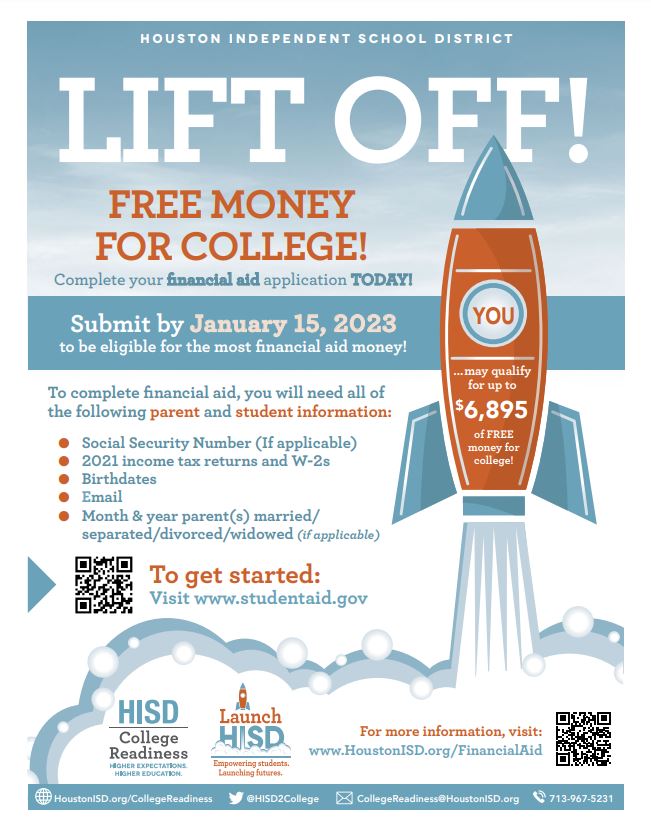 🗣 #HISD seniors! You could qualify to receive FREE 💲 for college. Financial Aid applications are now open: blogs.houstonisd.org/news/2022/10/0…
