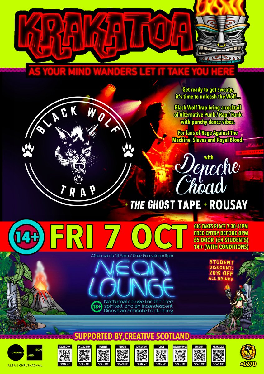 VolcanicTiki's tweet photo. Hope to see ya in the bar for our Friday night special at Krakatoa this weekend: #BLACKWOLFTRAP with support from #DEPECHECHOAD, #THEGHOSTTAPE, #ROUSAY - #volcanictiki #krakatoa #aberdeen #live https://t.co/rbhHUZ9v1E