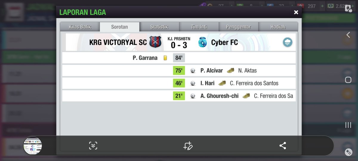 [MATCH RESULT]
Match day 16 @Liga3TEI sektor B
@KRGVictoryalSC 0-3 <a href="/CyberFC14/">Cyber FC</a> 
                                          21' A.Ghouresh-chi
                                          46' I.Hari
                                          75' P.Alcivar

#TopEleven