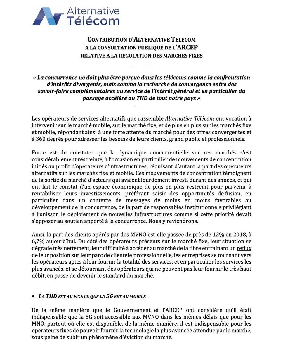AlternativeTel's tweet image. «La concurrence ne doit plus être perçue dans les télécoms comme la confrontation d’intérêts divergents, mais comme la recherche de convergence entre des 
savoir-faire complémentaires au service de l’intérêt général et en particulier du passage accéléré au THD de tout notre pays»