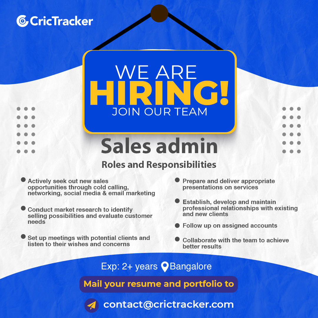 Cricketracker's tweet photo. 📢 CricTracker is hiring Sales Admin 📢
Any interested candidates can mail 📩 their resumes and samples to 𝐡𝐫@𝐜𝐫𝐢𝐜𝐭𝐫𝐚𝐜𝐤𝐞𝐫.𝐜𝐨𝐦✍️
Location📍: Bangalore
#CricTracker #Hiring #SalesAdmin #Cricket https://t.co/4KfHf7PAMi
