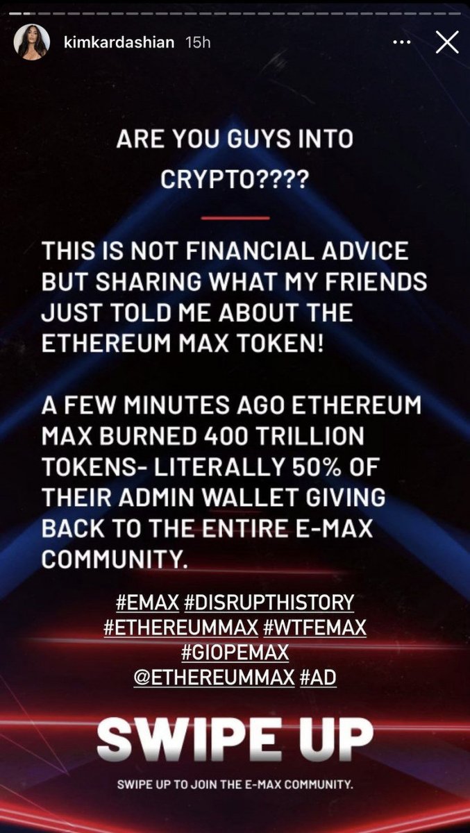 METAPC28's tweet photo. SEC charges from Kim Kardashian $1.26M for EthereumMax ad...why? This is her post where she wrote "this is not financial advice". If we'll post ETHmax right now, will we guilty too?
#cryptotrading #crypto #news #Etherum #ethmax #KimKardashian https://t.co/E6mx2A3e6N