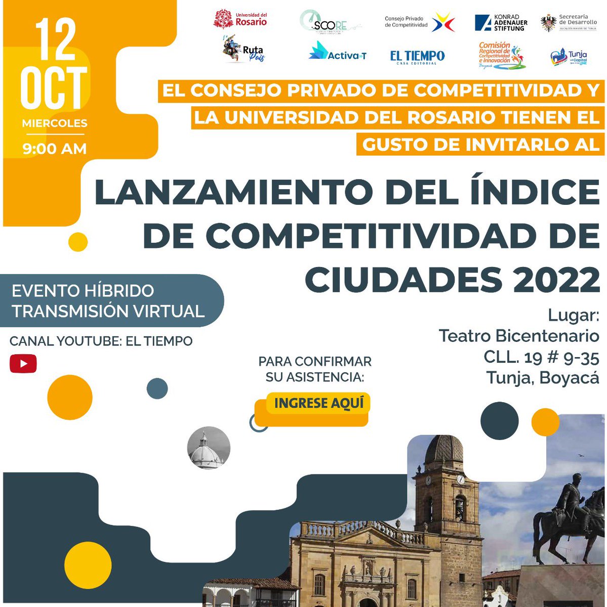 UR_Score's tweet photo. En pocos días tendremos el lanzamiento del Índice de Competitividad de Ciudades 2022 🎉🎉

Pueden registrarse y acompañarnos virtual o presencialmente mediante el siguiente enlace👇
https://t.co/RKTLFvLacP

📍Tunja, Boyacá
📆12-oct 9:00am
#ICC2022 https://t.co/mQbAd94nsS