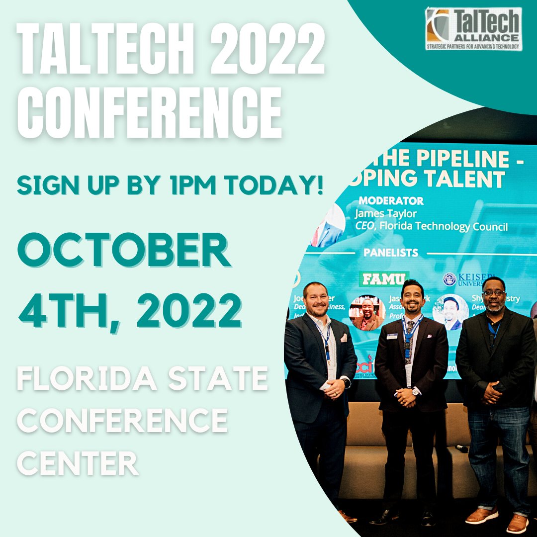 FSUCCI's tweet photo. The 2022 TalTech Conference is tomorrow! Register by 1pm to join us, along with some of the leading technology brands at the FSU Conference Center.
Sign up here: https://t.co/pFNDkuxPjH
#fsucci #fsustudents #fsualumni #fsutech https://t.co/gQkkn5mrnR