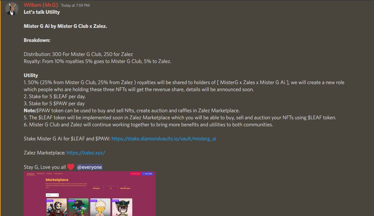 Yoooo Gss!!

you can now stake Ai Mister Gs not only for $LEAF but also for $PAW which you can buy, sell and auction NFTs in <a href="/zalez_ale/">Zalez</a> Marketplace. check out discord for more details.

Stay G, (MxZ)AGMI🔥
#NFTCommunity #NFTartwork #NFTs #Solana #SolanaNFTs #NFTcollections