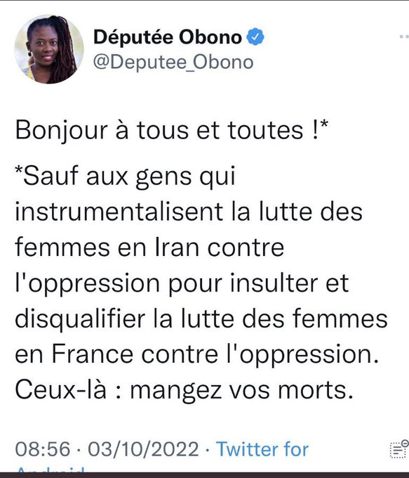 Soutien à députée Obono qui subit une vague de haine venant des groupuscules d'extreme droite.
Wesh, si vous touchez à ma soeur Obono, je vous baiz votre daronne la karba et je balaye votre grand-mere.  Compris les bolos ?
