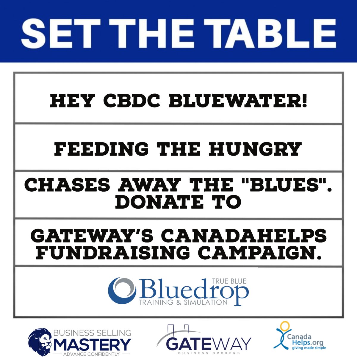 Bluedrop is excited to announce we are participating in @feednovascotia sign wars fundraising campaign. We are challenging CBDC Blue Water to feed the hunger and donate! For every donation Gateway Business Brokers will match dollar for dollar. Be the change!