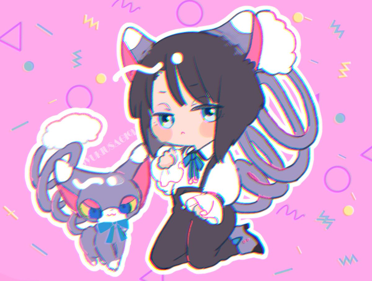 animal ears black hair tail cat ears blue eyes cat cat tail  illustration images