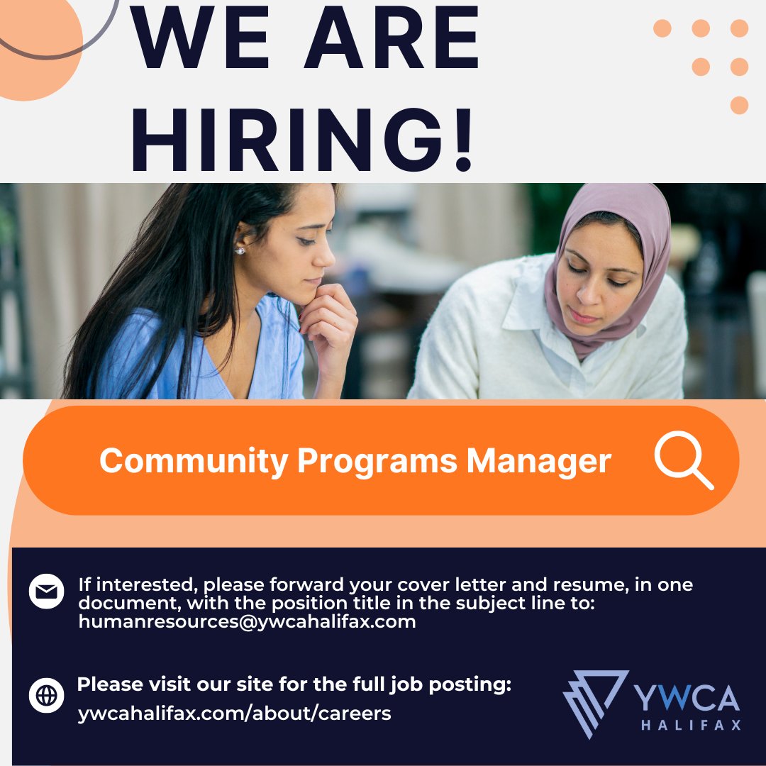 YWCAHalifax's tweet photo. We are hiring! YWCA Halifax is looking for a Community Programs Manager. If interested, please send your cover letter and resume in one document to humanresources@ywcahalifax.com 
Click the link in our profile for the the full job description. https://t.co/gOnfAvuFBm