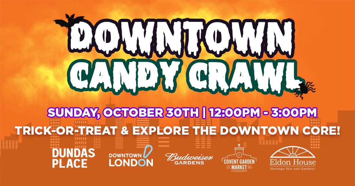 THIS JUST IN! 🚨 @BudGardens, @DundasPlace, Downtown London , @EldonHouse1834 and @CoventMarket are excited to announce the return of the Downtown Candy Crawl on Sunday, October 30th from 12:00 pm – 3:00 pm! 🎃