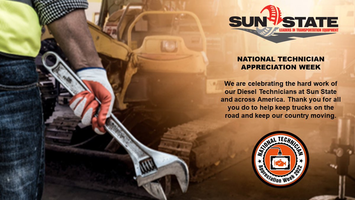 SunStateIntl's tweet photo. We are celebrating the hard work of our Diesel Technicians at Sun State and across America. Thank you for all you do to help keep trucks on the road and keep our country moving.
#trucking #technician #TechAppreciationWeek #truckingindustry https://t.co/aC90dBd5T4