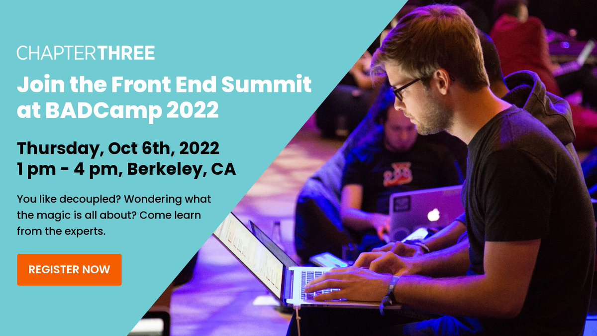 chapter_three's tweet photo. It's #BADCamp week!
Join us on Thursday for the Front-end Summit.
We'll be talking Decoupled Drupal and Next.js. https://t.co/lfI7EuSzQN