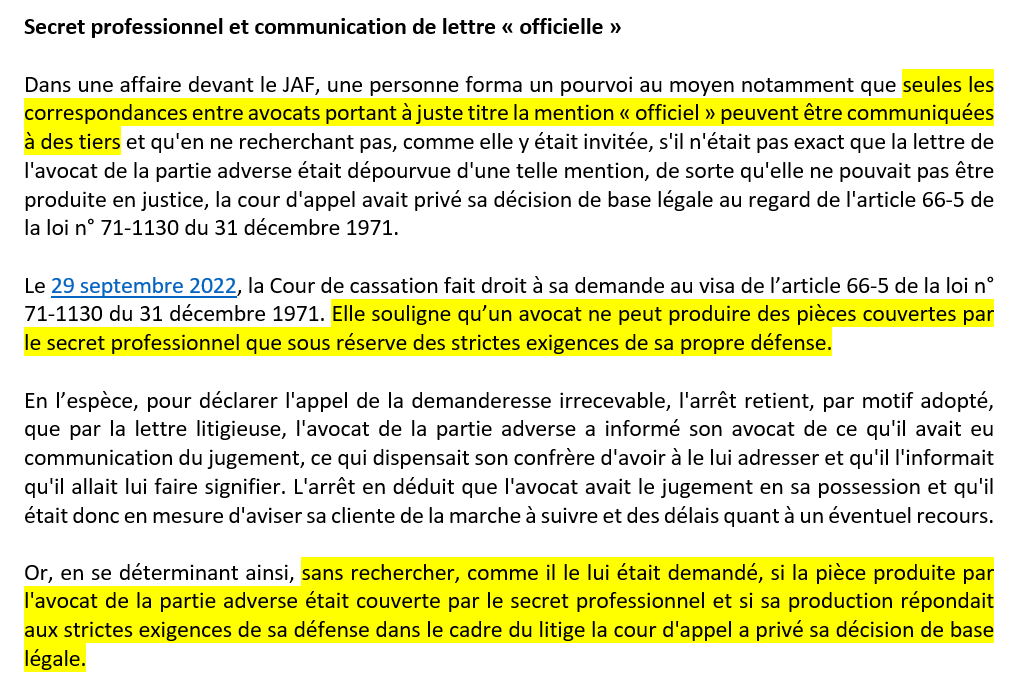 LaGBD1's tweet photo. #avocat #secretpro #ccass Décision du 29 septembre 2022, 1er civ. Pourvoi n° 21-13.625 - Secret professionnel et communication de lettre « officielle » Lire 👉https://t.co/fSqu6k4DGw https://t.co/70VHthUQNw