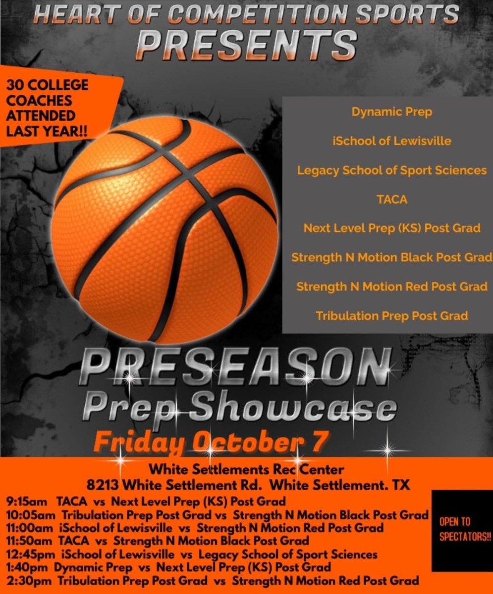 Preseason Prep/Post Grad Showcase

30+ college coaches!

50+ college prospects 2023-2025

🗓 Fri Oct 7

📍White Settlement Rec
White Settlement, TX 76108

<a href="/TheTB5Reports/">TheTB5Reports</a> <a href="/HeadsUpSI/">The SportsInfluencer (Jabari Johnson)</a>
<a href="/TexasHoopsGASO/">TexasHoops/GASO 🔗</a> <a href="/dfwhoops/">DFWHOOPS</a> <a href="/PrepHoopsTX/">Prep Hoops Texas</a> <a href="/PaulMDaRealTalk/">DaREALtalkNation</a> <a href="/BJenkins247/">Brandon Jenkins</a> <a href="/Ani_Umana/">Ani Umana</a> <a href="/theovisuals9/">Theovisuals</a>