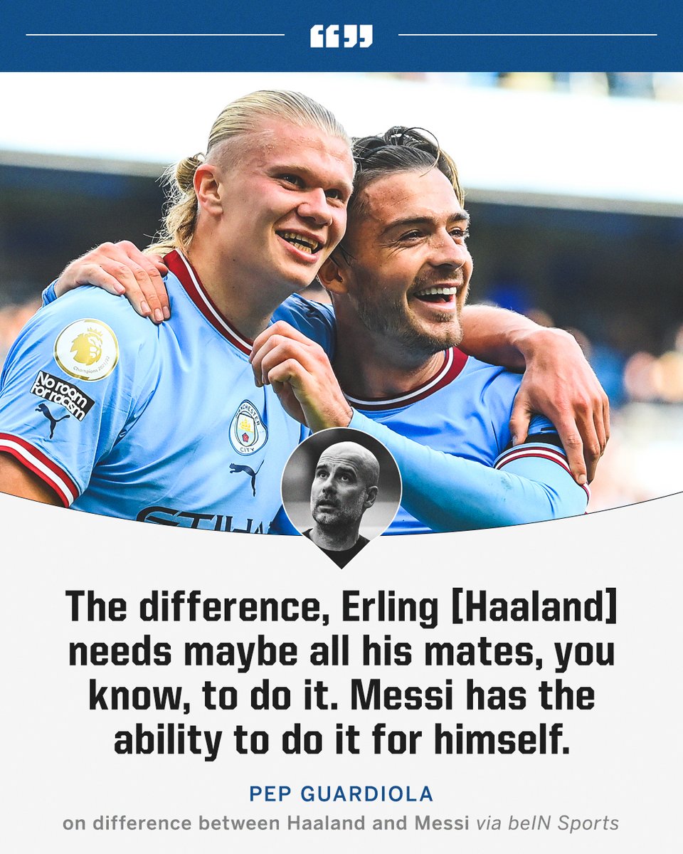 ESPNFC's tweet photo. Pep explains the difference between Haaland and Messi 🐐 https://t.co/a2tJrH0goY
